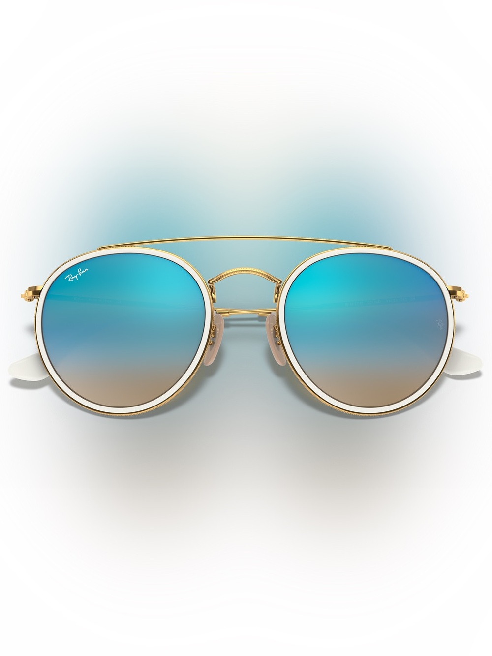 Round Double Bridge Ray Ban Gold Frame Blue Gradient Lens Sunglasses - Picture 5 of 11